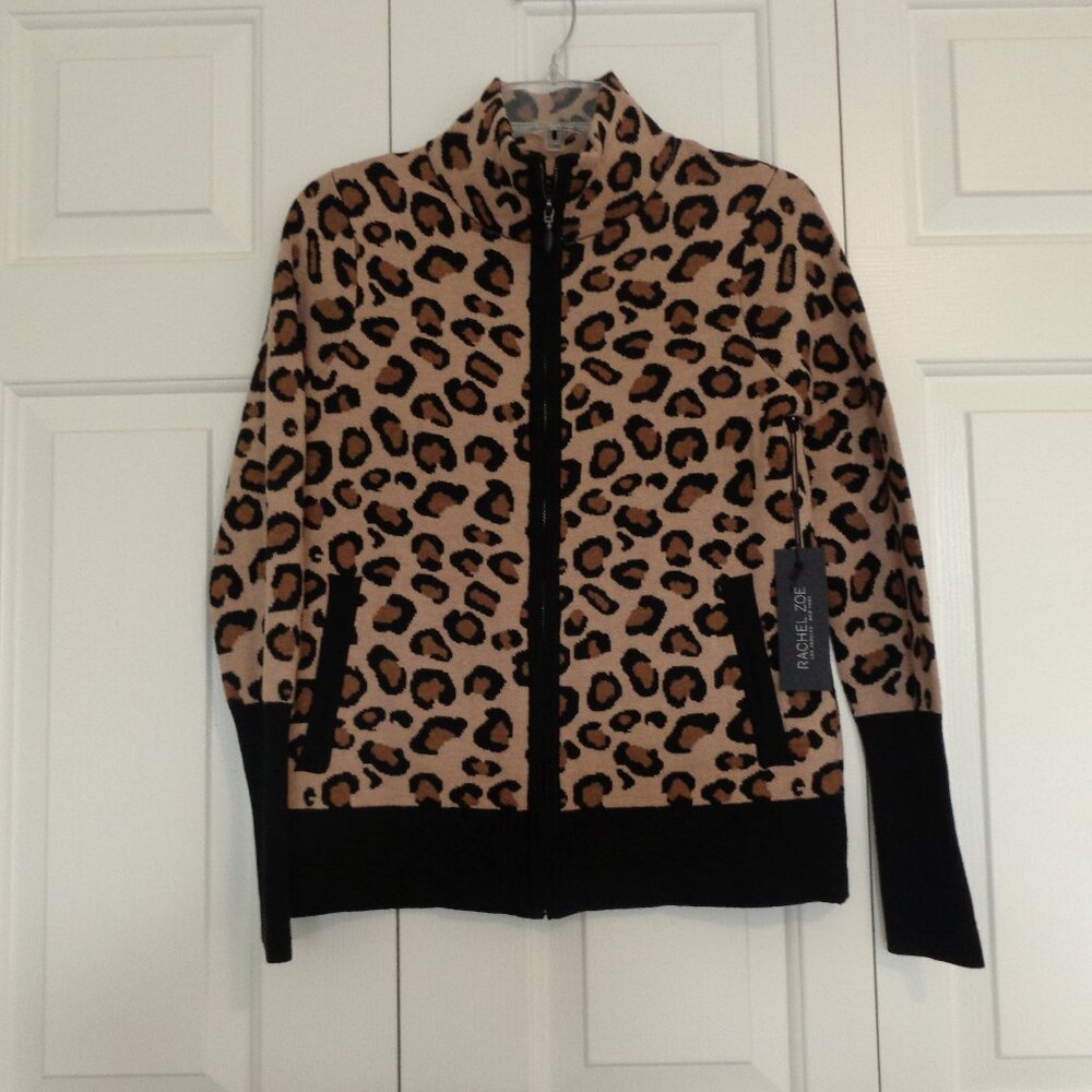 New! Rachel Zoe Womens Cardigan Sweater Cheetah Print Zip Pockets Jacket Sz XS